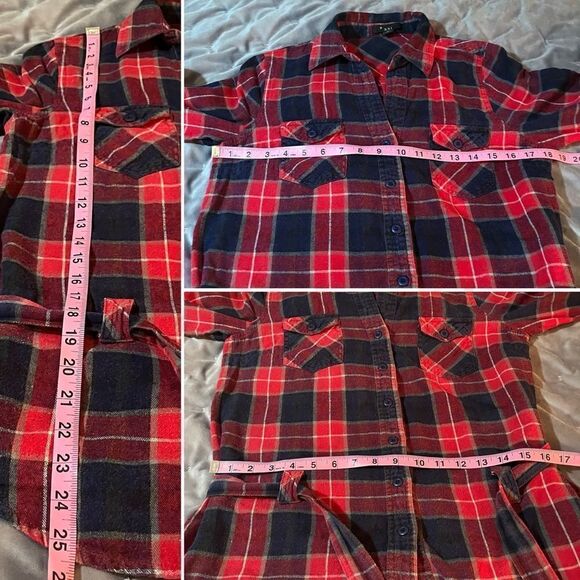 Forever 21 Navy Red Cotton Plaid Button Down Tie Front Top M - Picture 13 of 13
